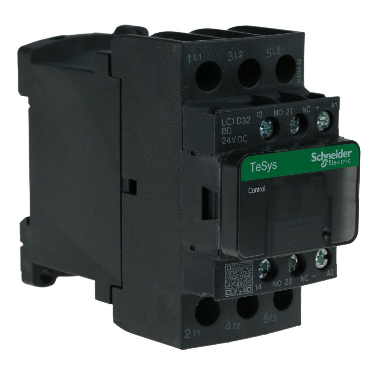 Schneider Electric IEC contactor, TeSys Deca, nonreversing, 32A, 20HP at 480VAC, up to 100kA SCCR, 3 phase, 3 NO, 24VDC coil, open style