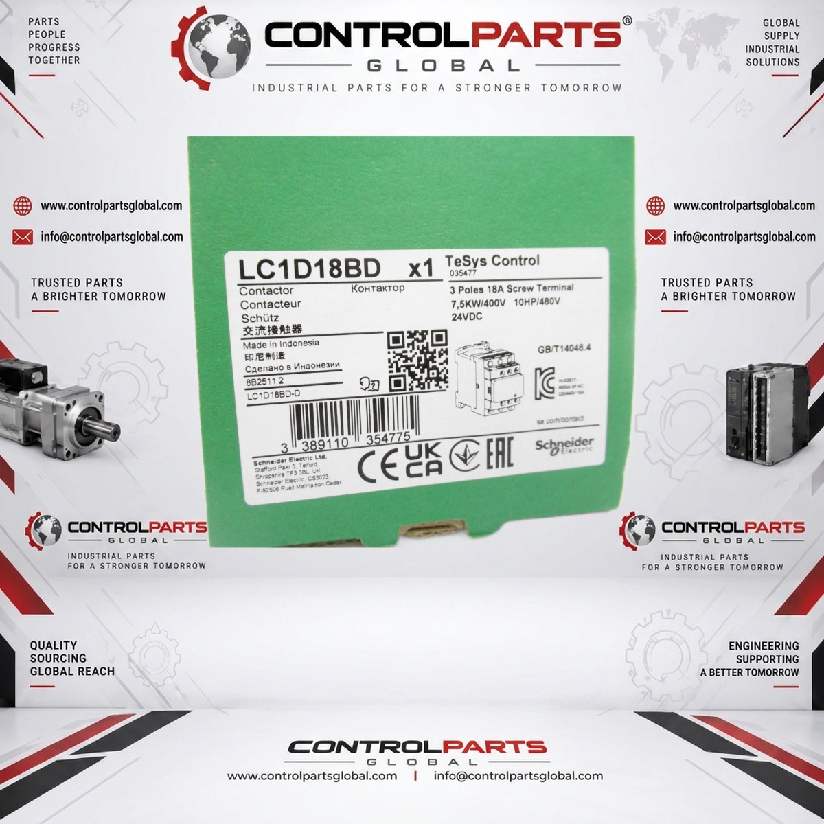 Schneider Electric LC1D18BD — IEC contactor, TeSys Deca, nonreversing, 18A, 10HP at 480VAC, up to 100kA SCCR, 3 phase, 3 NO, 24VDC coil, open, Electrical Control