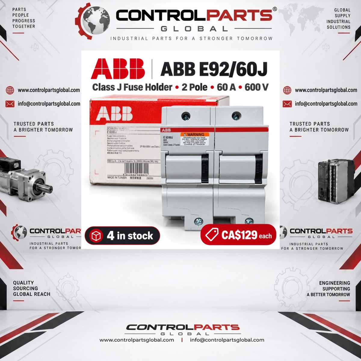ABB E92/60J — ABB E92/60J Class J Fuse Holder — 2 Pole, 60 A, 600 V, Electrical Protection — ControlParts Global