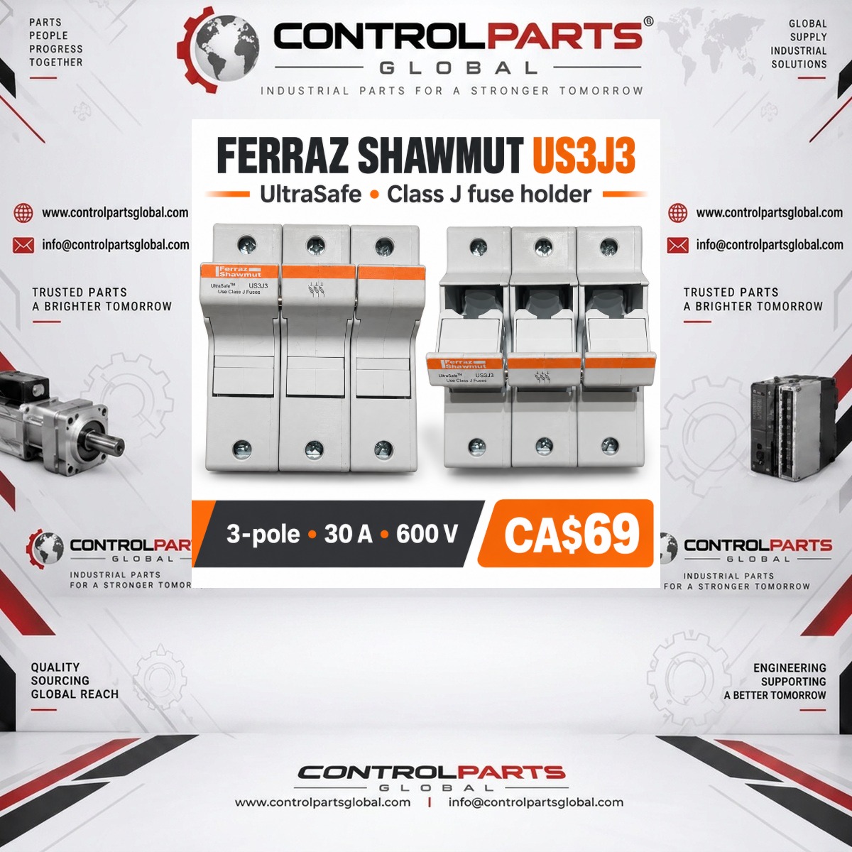 Mersen US3J3 — Ferraz Shawmut UltraSafe US3J3 — 3-Pole Class J Fuse Holder, 30 A, 600 V, Electrical Protection — ControlParts Global