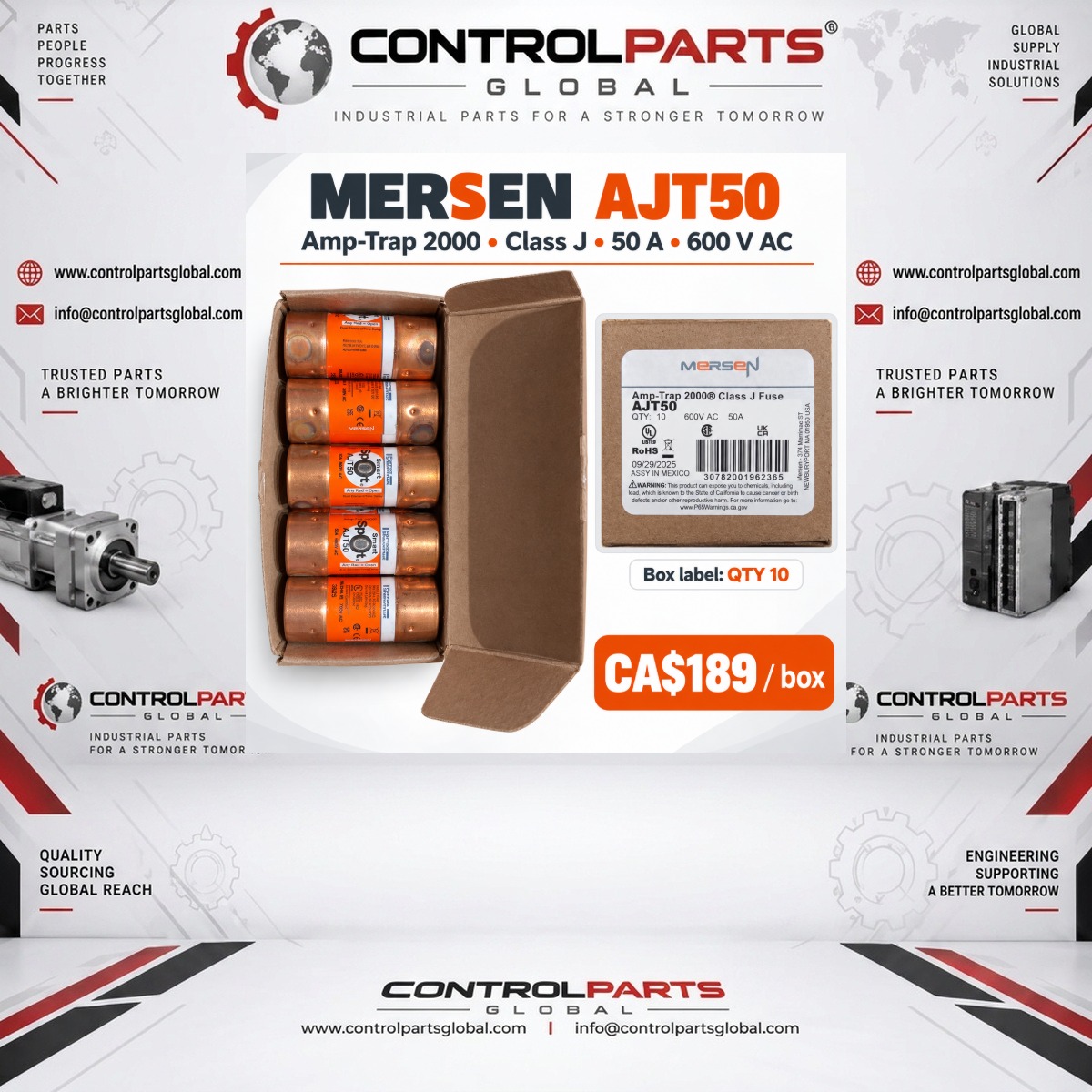 Mersen AJT50 — Mersen AJT50 Amp-Trap 2000 Class J Fuses — Box of 10, Electrical Protection