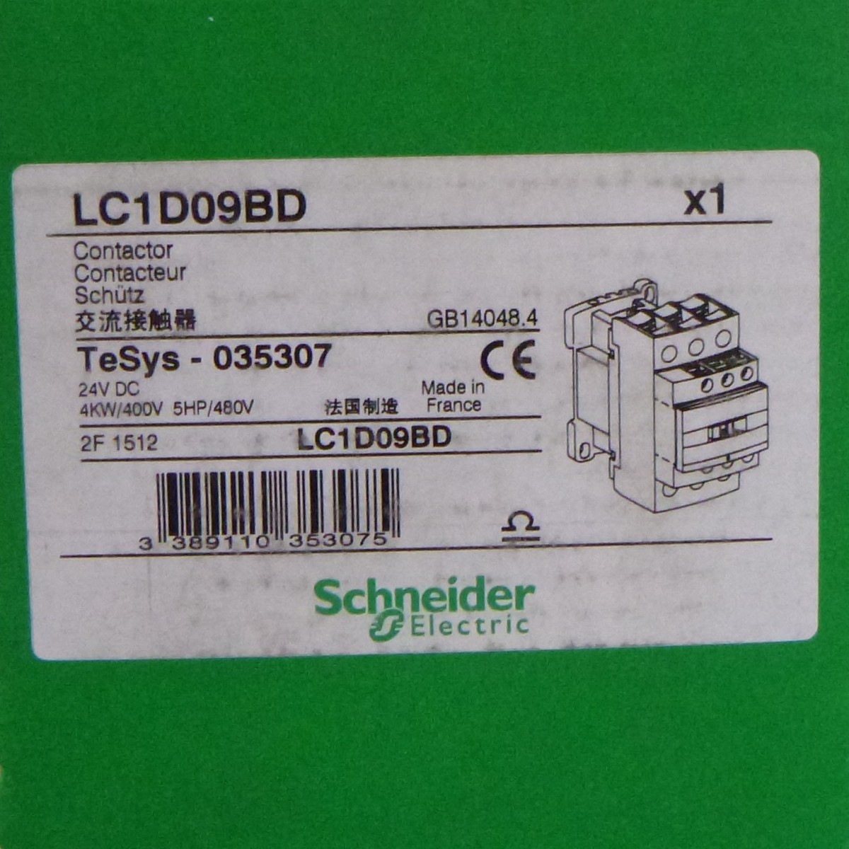 Schneider Electric IEC contactor, TeSys Deca, nonreversing, 9A, 5HP at 480VAC, up to 100kA SCCR, 3 phase, 3 NO, 24VDC coil, open style