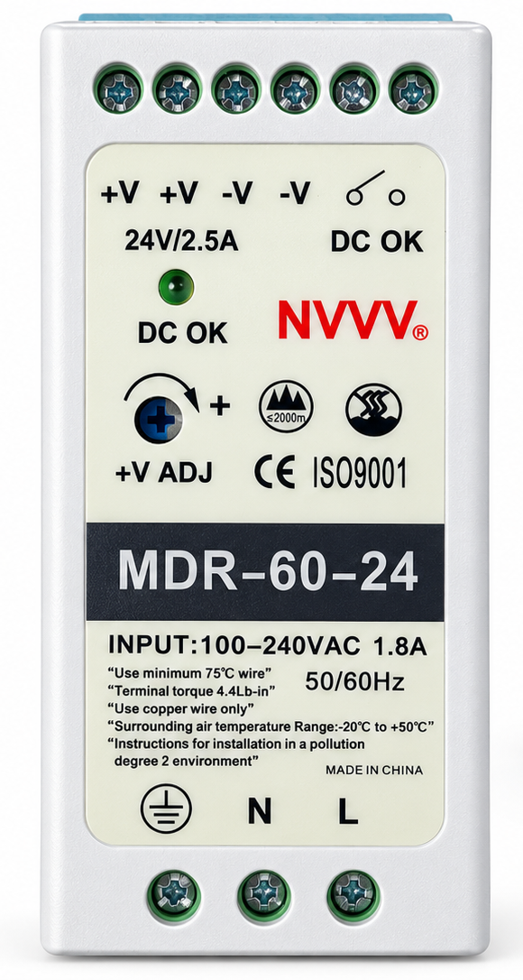 NVVV MDR-60-24 — NVVV MDR-60-24 DIN Rail Power Supply 24VDC 2.5A 60W, Power Supplies — ControlParts Global