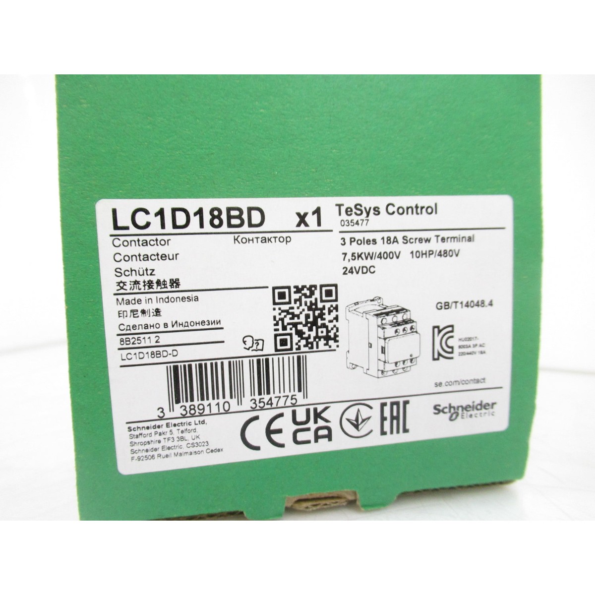 Schneider Electric IEC contactor, TeSys Deca, nonreversing, 18A, 10HP at 480VAC, up to 100kA SCCR, 3 phase, 3 NO, 24VDC coil, open