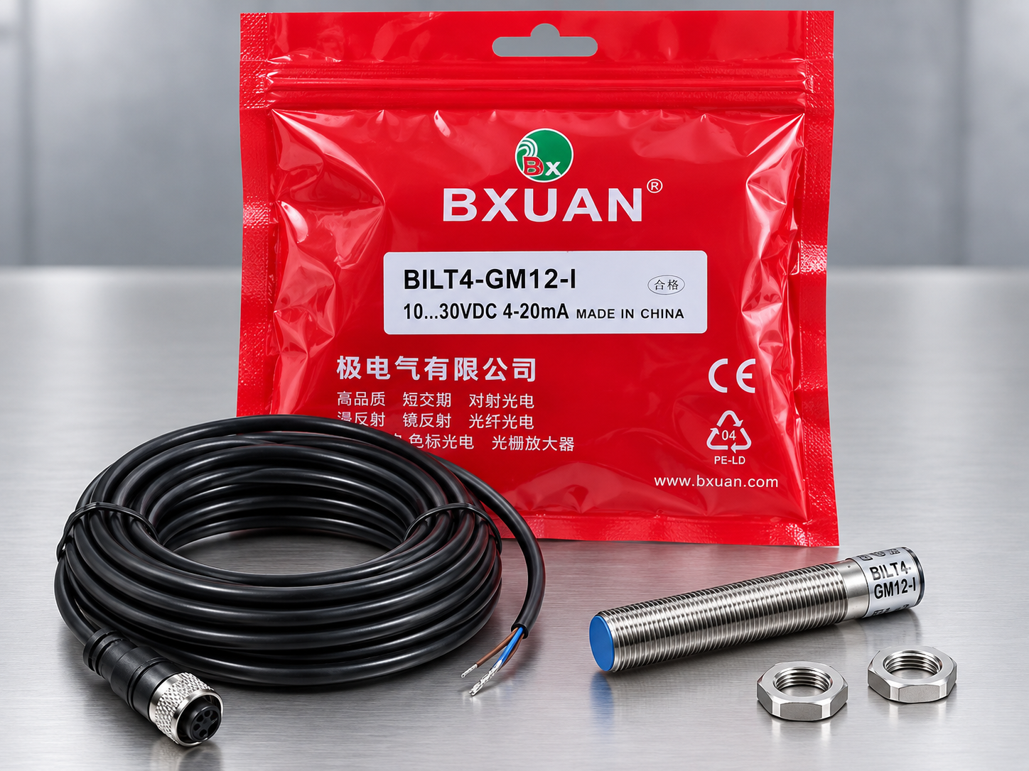 BXUAN BILT4-GM12-I M12 inductive proximity sensor with cable, connector and two mounting nuts