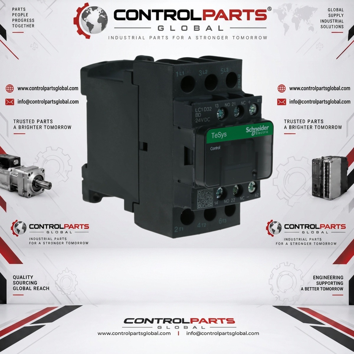 Schneider Electric LC1D32BD — IEC contactor, TeSys Deca, nonreversing, 32A, 20HP at 480VAC, up to 100kA SCCR, 3 phase, 3 NO, 24VDC coil, open style, Electrical Control