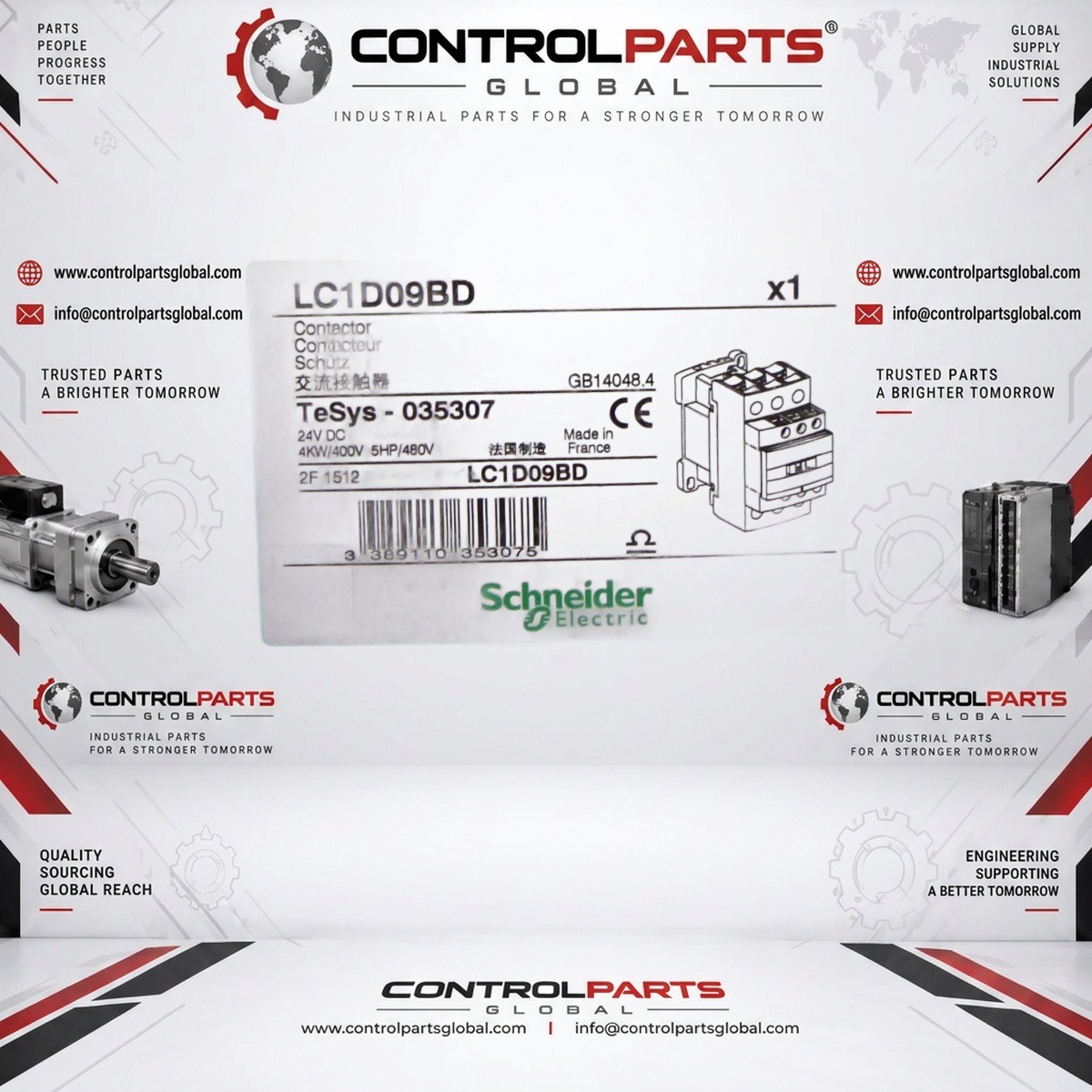 Schneider Electric LC1D09BD — IEC contactor, TeSys Deca, nonreversing, 9A, 5HP at 480VAC, up to 100kA SCCR, 3 phase, 3 NO, 24VDC coil, open style, Electrical Control