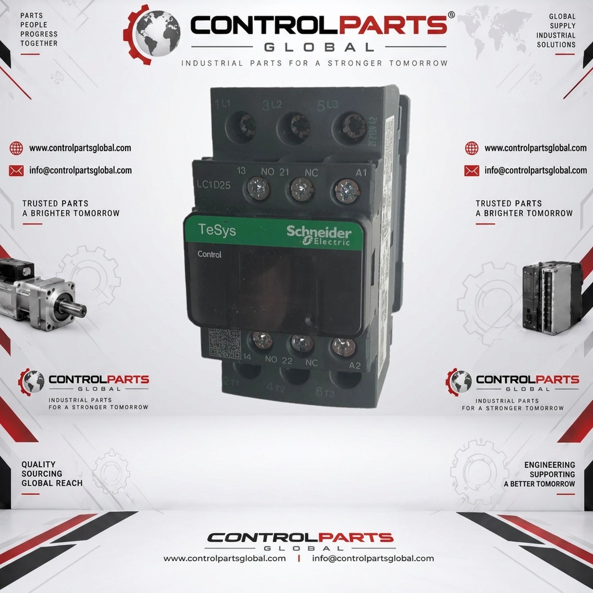 Schneider Electric LC1D25F7C — IEC contactor, TeSys Deca, nonreversing, 25A, 15HP at 480VAC, up to 100kA SCCR, 3 phase, 3 NO, 110VAC 50/60Hz coil, open, Electrical Control