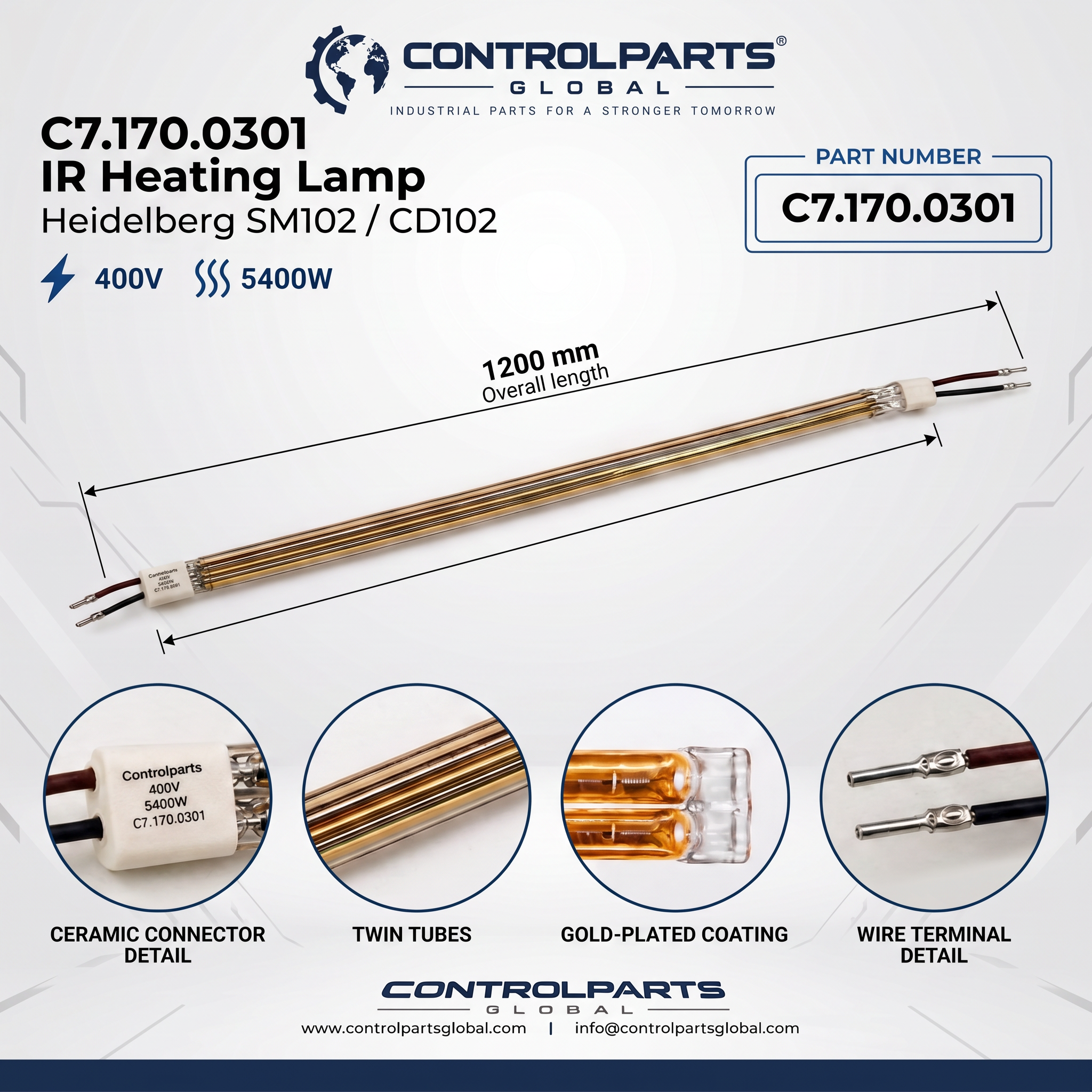 ControlParts Global technical product sheet for C7.170.0301 IR heating lamp