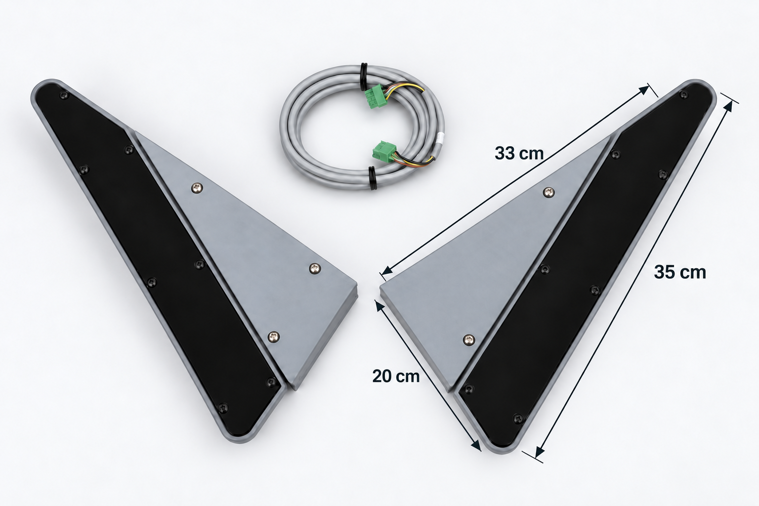 Photographed POLAR Schneider light curtain set: two units, connecting cable, and dimension arrows marked 35 cm, 33 cm and 20 cm