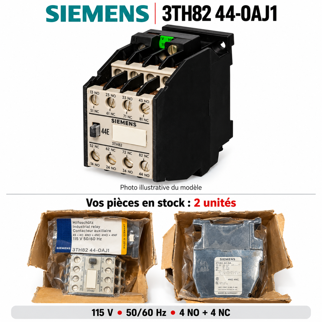 Siemens 3TH82 44-0AJ1 auxiliary contactor relay – illustrative image of unpackaged model